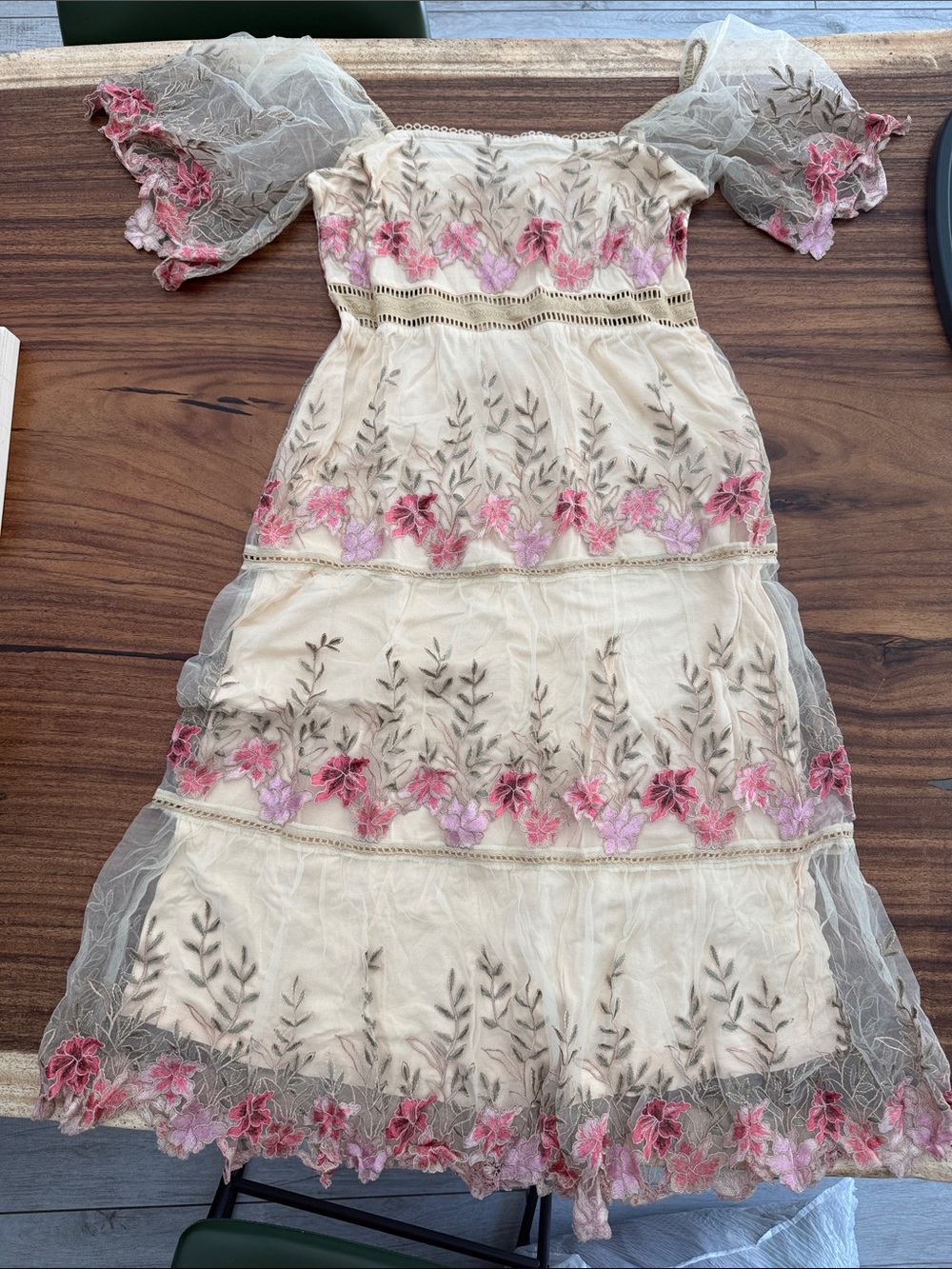 Bohemian Cream Maxi Dress with Pink Floral Embroidery